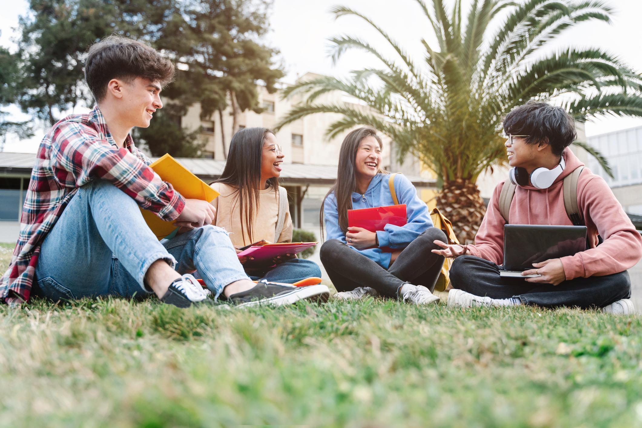 国际学生坐在草地上聊天